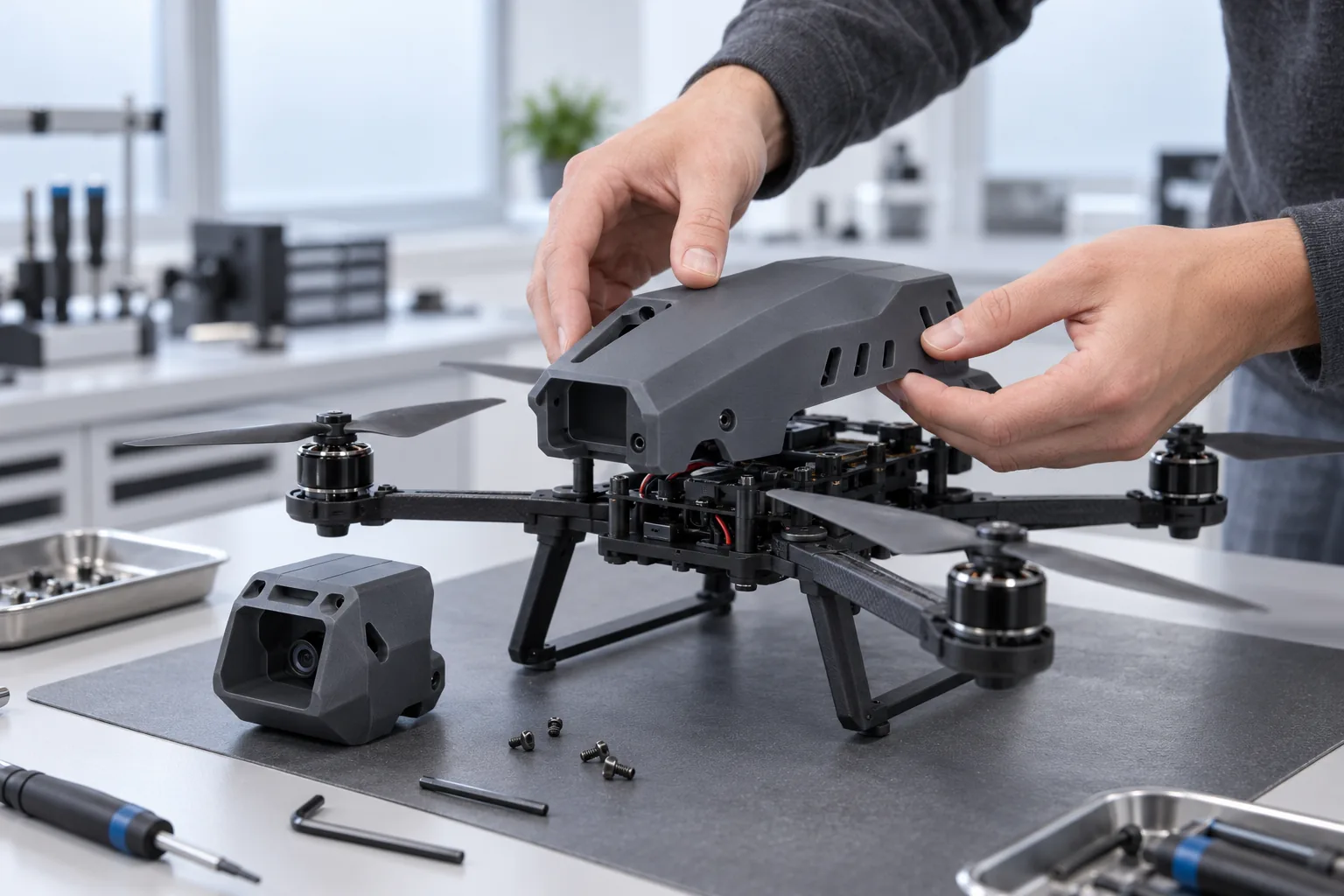 A dark grey printed fuselage shell being fitted onto a generic quadcopter frame in a clean drone lab