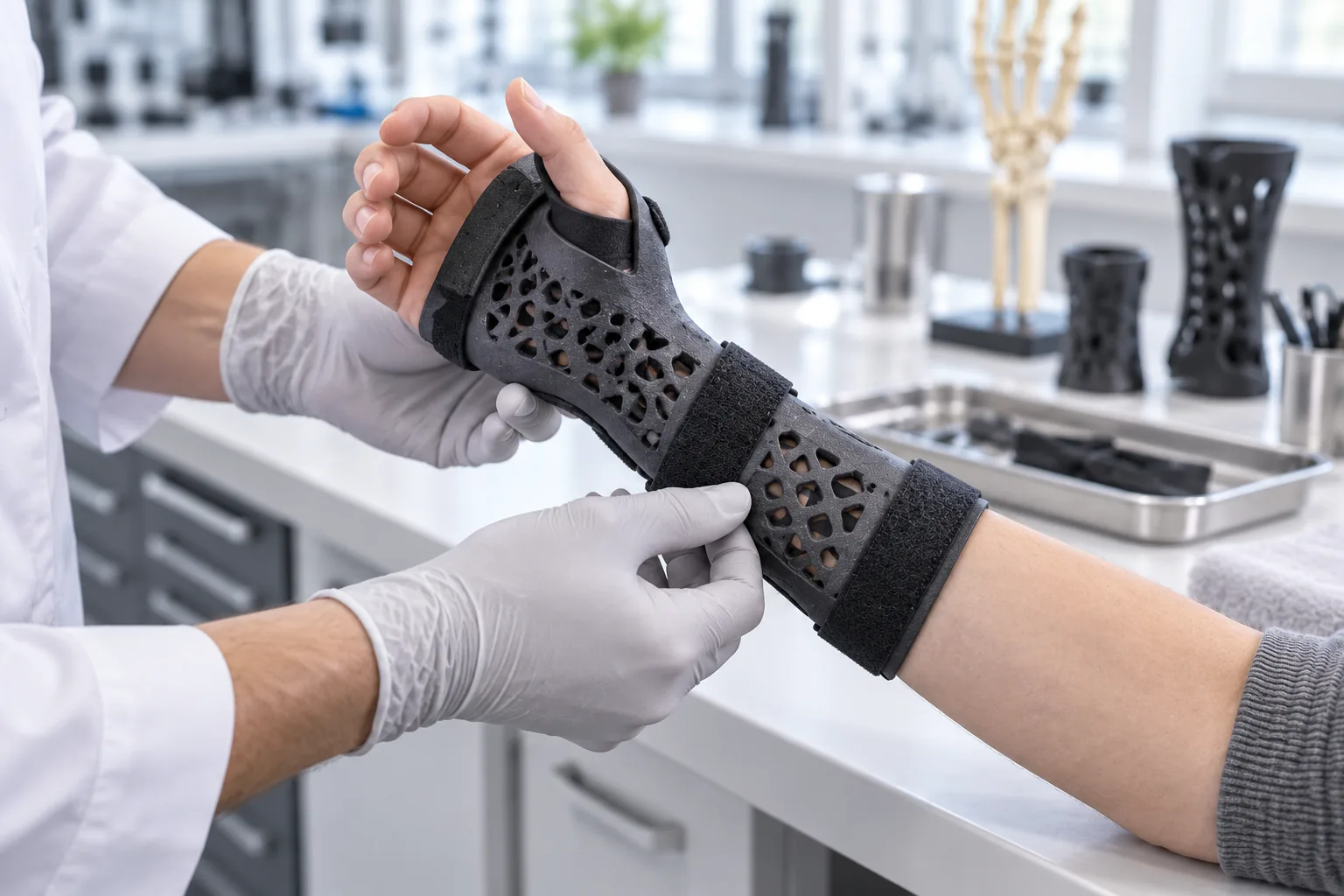 Dark grey SLS TPU 90A wrist orthosis with ventilation holes being fitted on a forearm