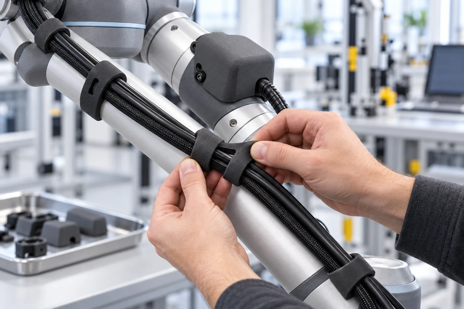 Black SLS TPU 90A wire clip stretched over a cable bundle on a robot arm