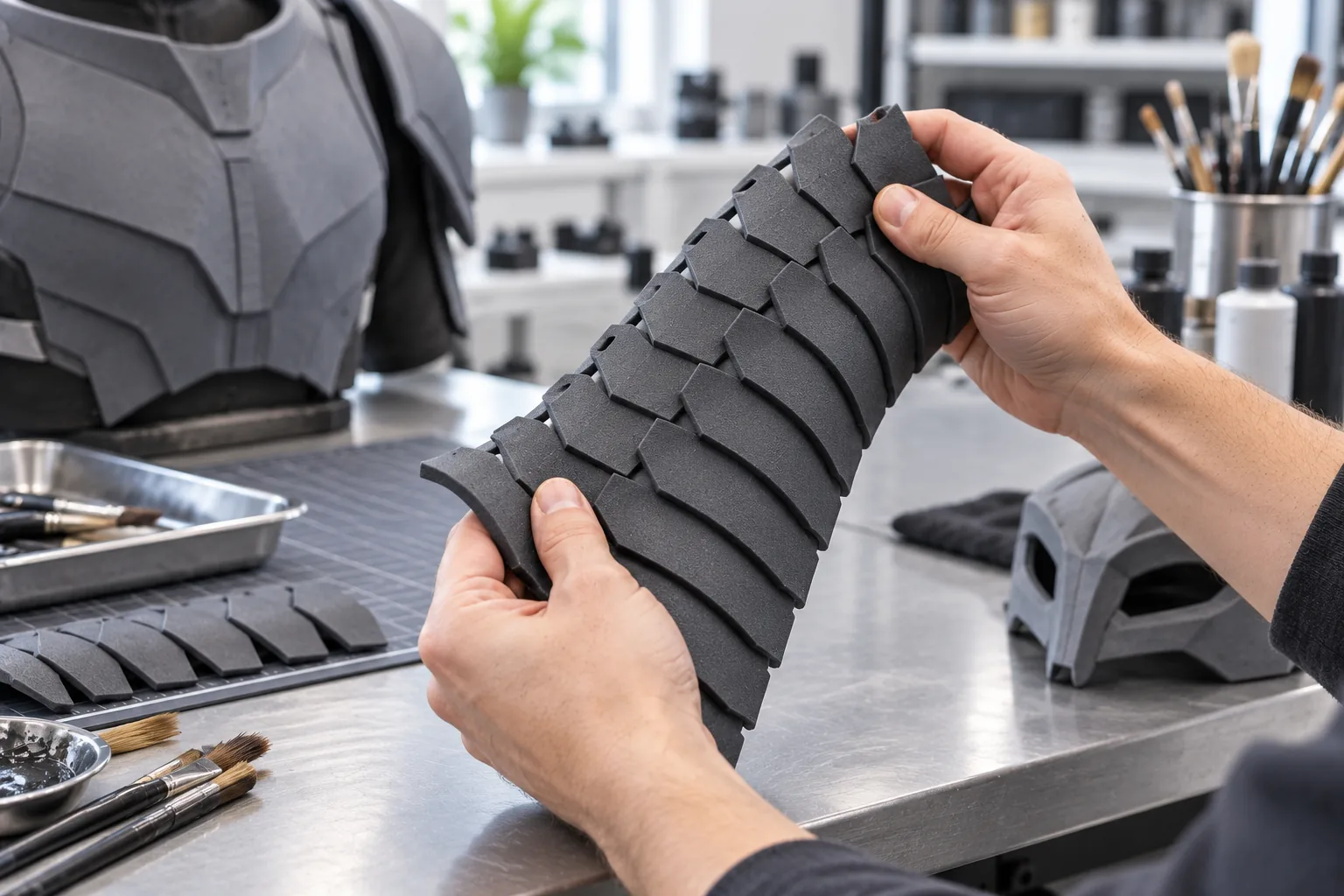 Dark grey SLS TPU 90A flexible armour segment flexed by hand on an effects workshop bench