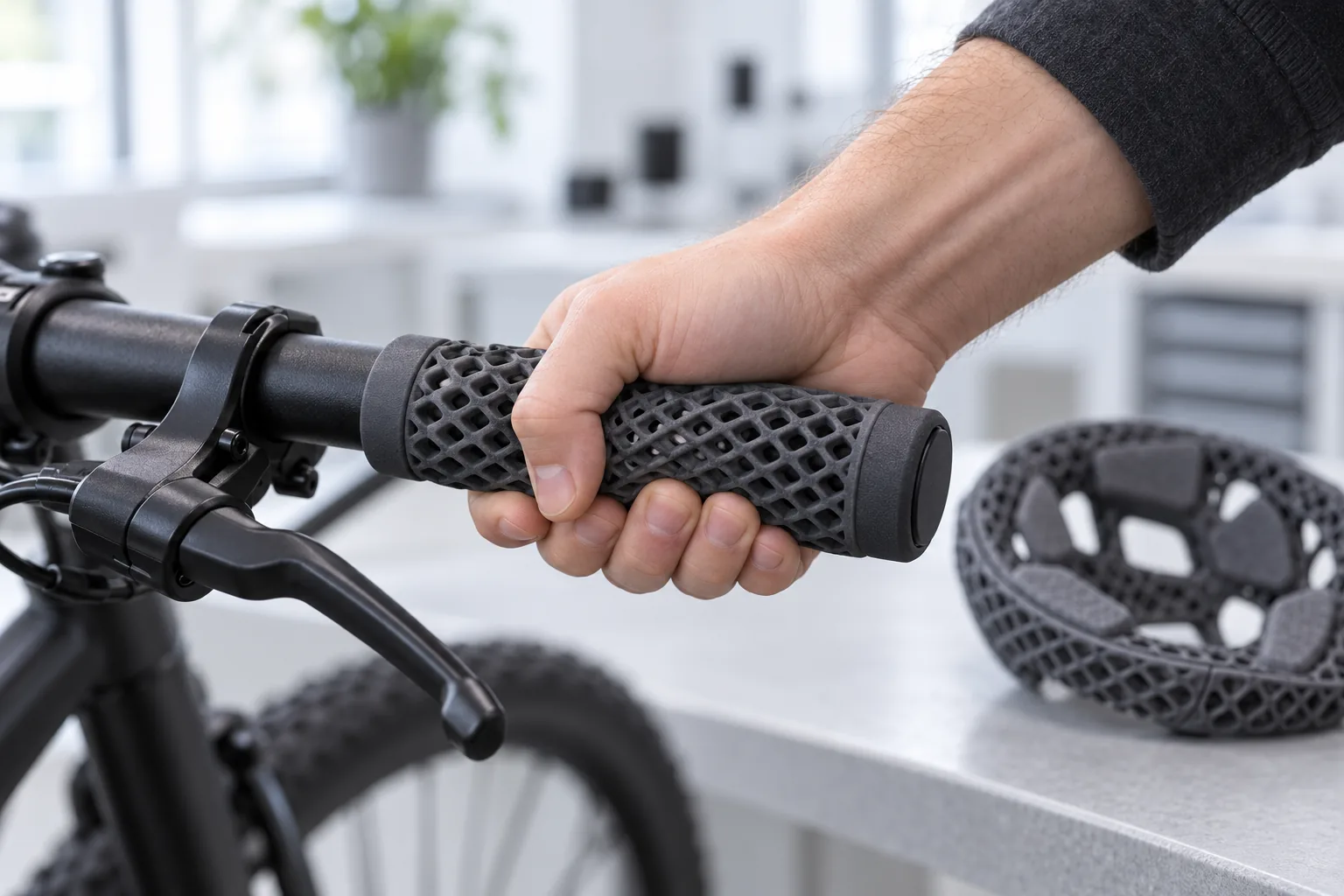 Hand squeezing a dark grey SLS TPU 90A lattice grip, with a lattice helmet pad beside it