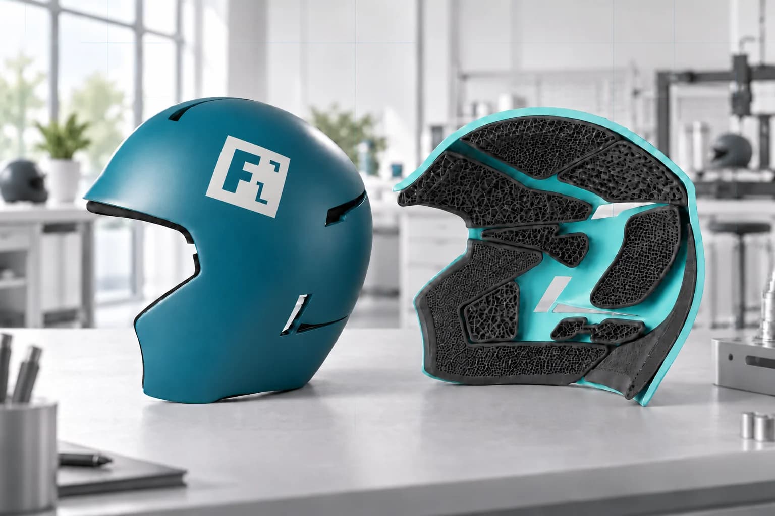 Forge Labs branded sports helmet beside a cut-away shell lined with black SLS TPU 90A lattice impact pads