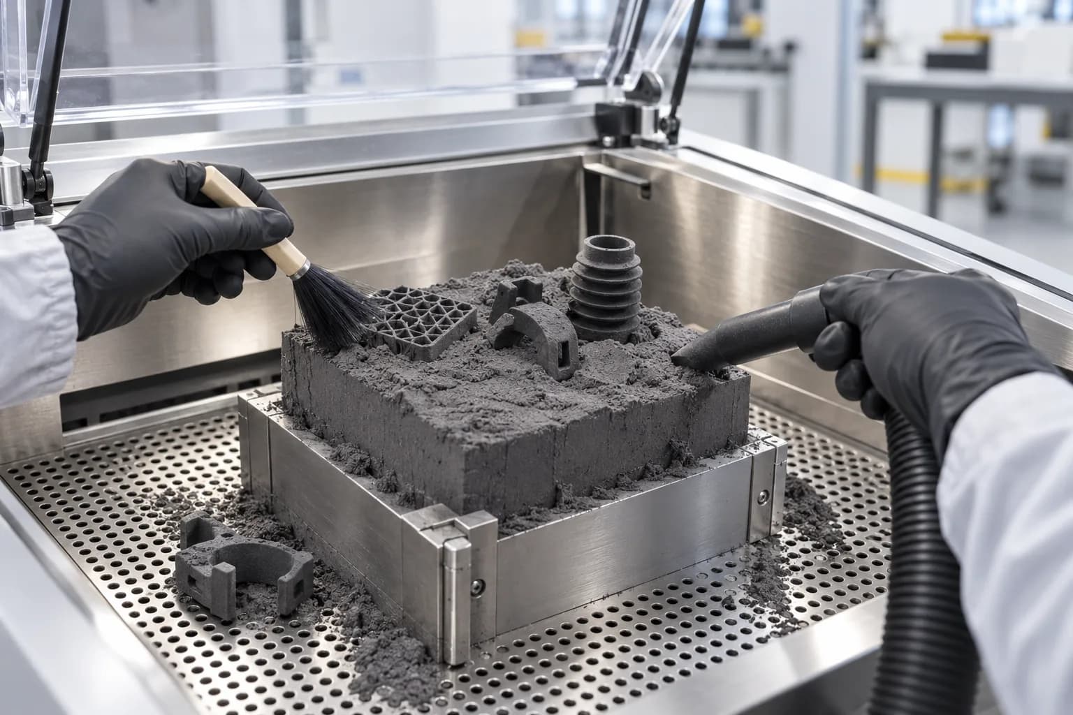 Gloved hands brushing dark grey SLS TPU 90A parts free of the powder cake in a depowdering station