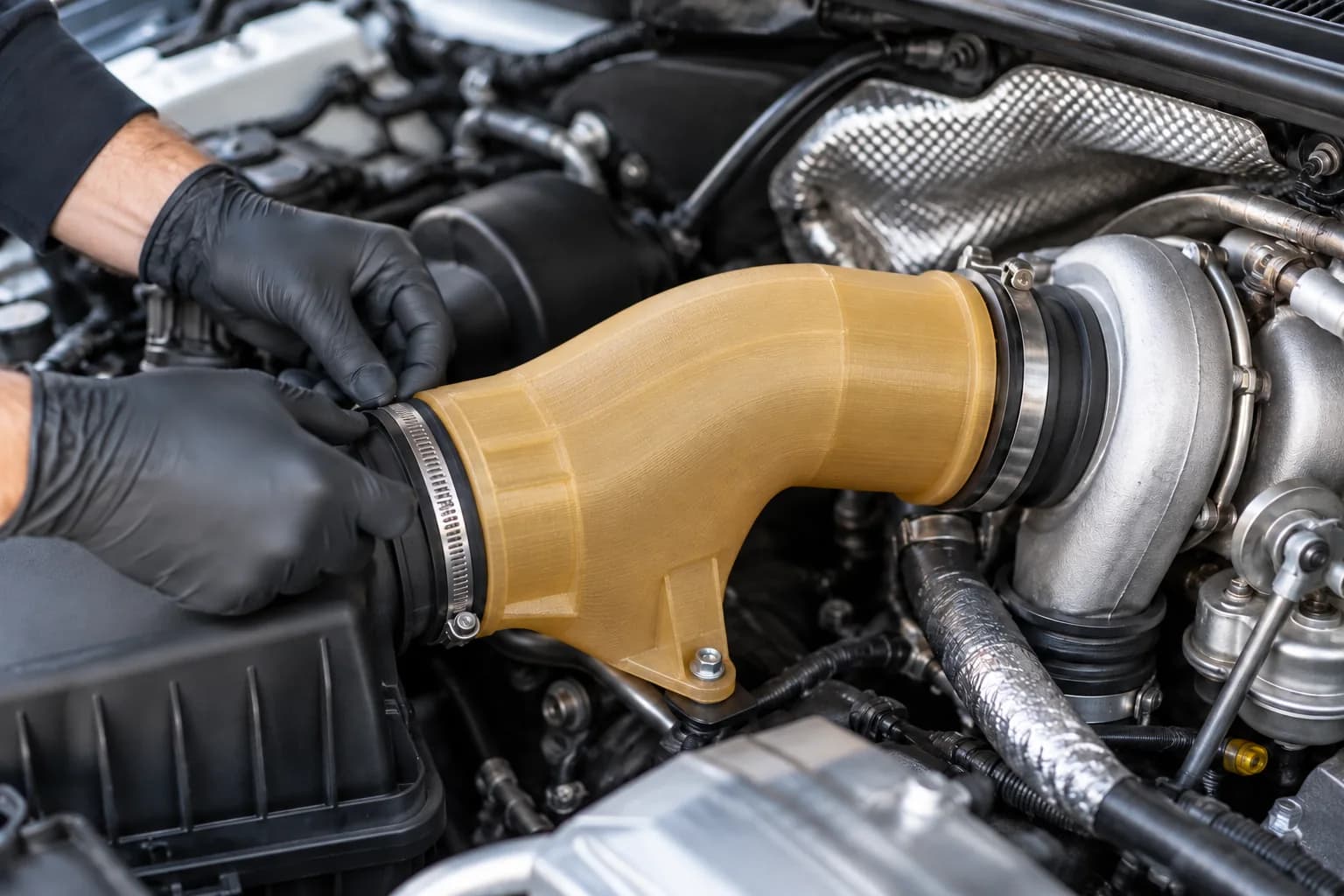 Amber FDM ULTEM 1010 air duct in an engine bay