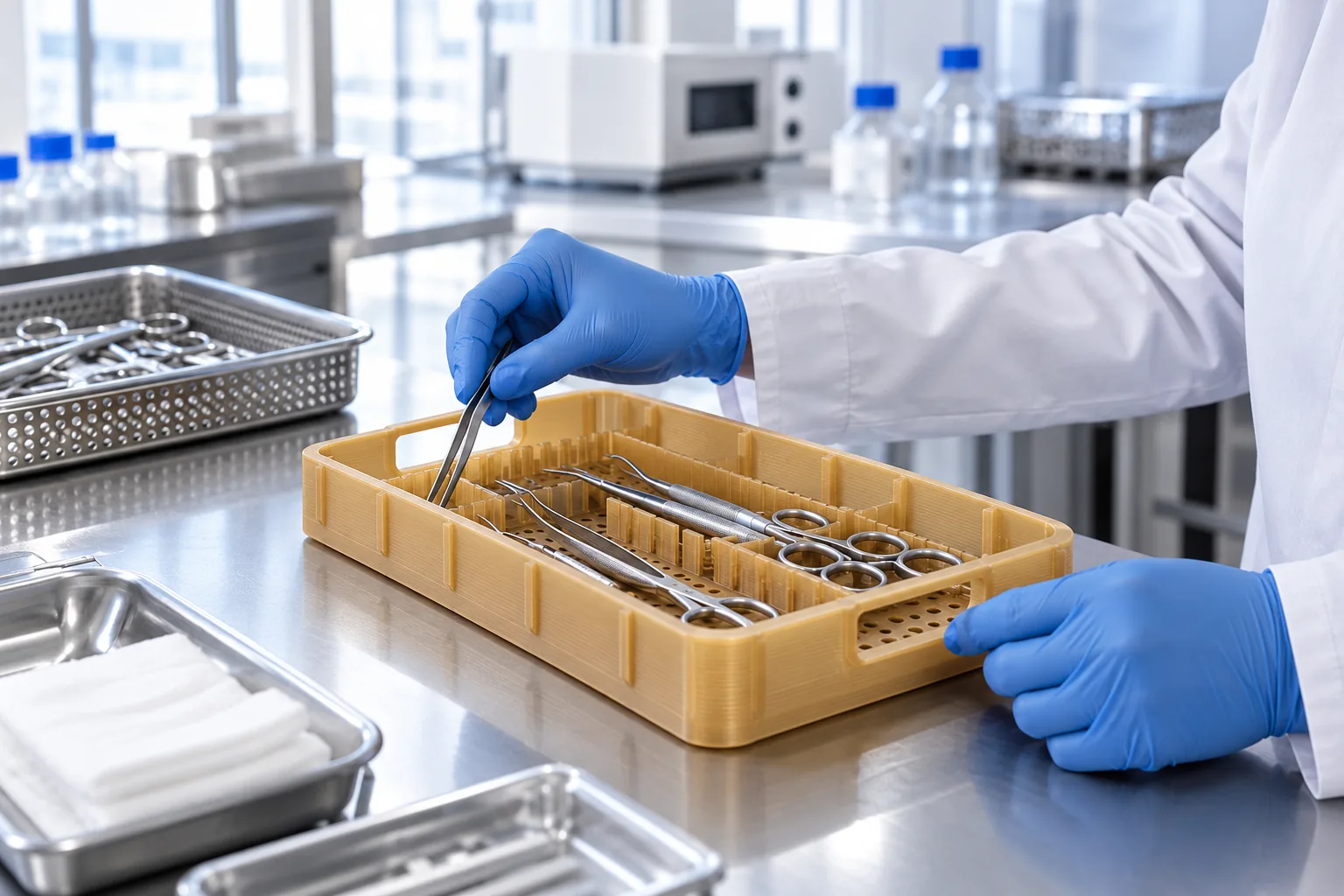 Amber FDM ULTEM 1010 instrument tray in a medical device lab