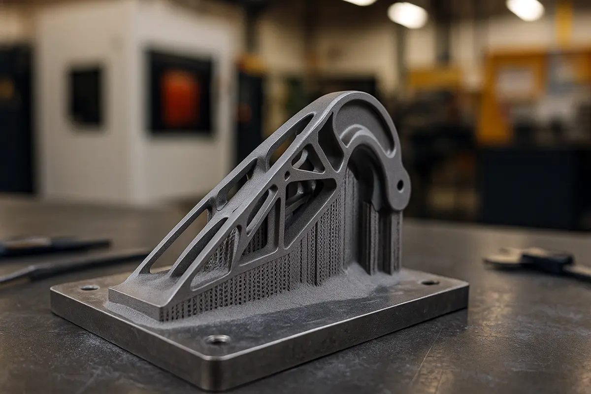 Forge Labs hybrid manufacturing workflow with printed near-net parts awaiting CNC finishing