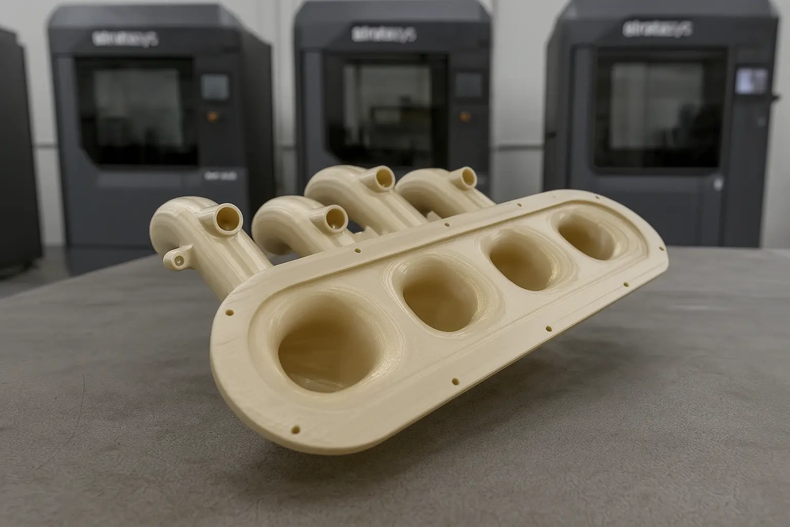 Natural ULTEM 9085 four-runner intake manifold printed by FDM, in front of Stratasys production printers