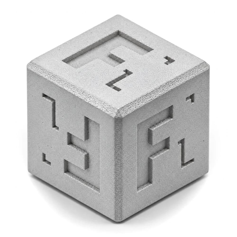 Forge Labs sample cube in bead-blasted DMLS aluminum AlSi10Mg