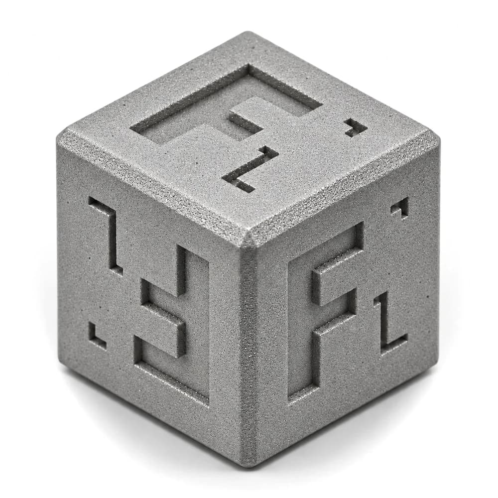 Forge Labs sample cube in bead-blasted DMLS maraging steel MS1