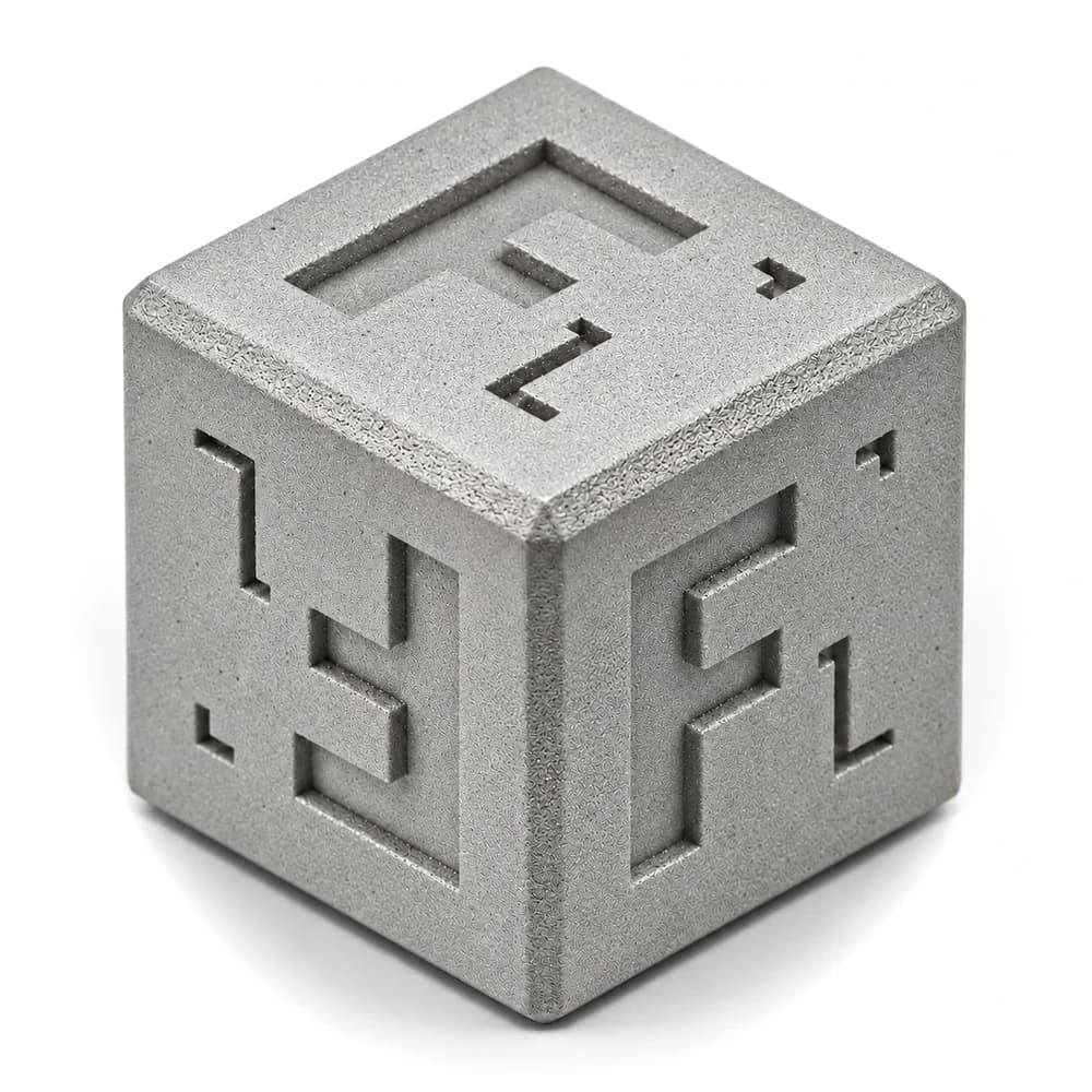 Forge Labs sample cube in bead-blasted DMLS stainless steel 17-4 PH