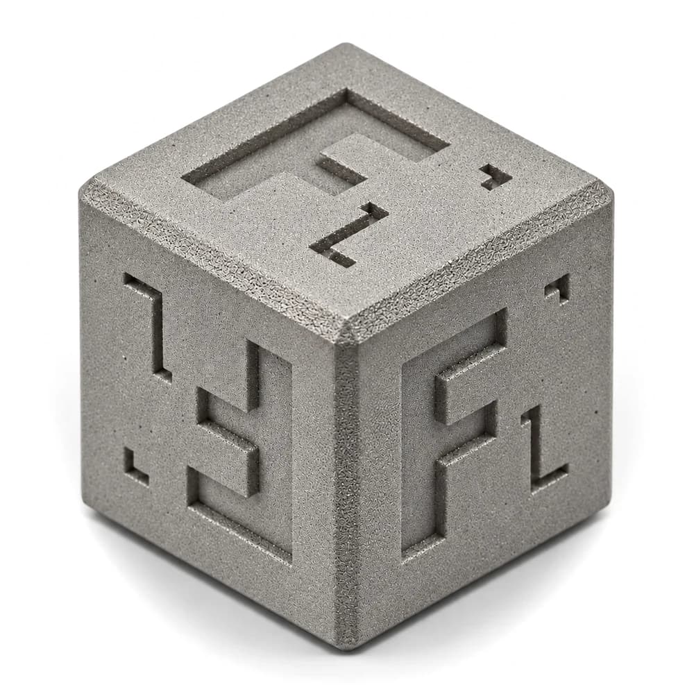 Forge Labs sample cube in bead-blasted DMLS titanium Ti-6Al-4V