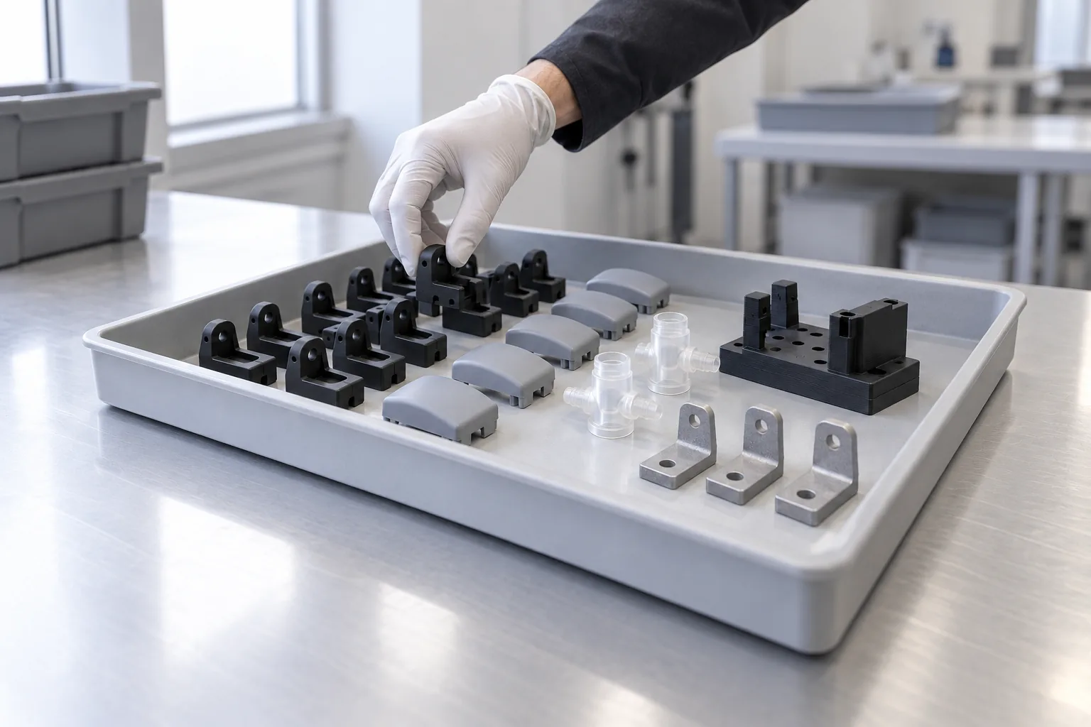Black, grey and clear production parts laid out in an inspection tray