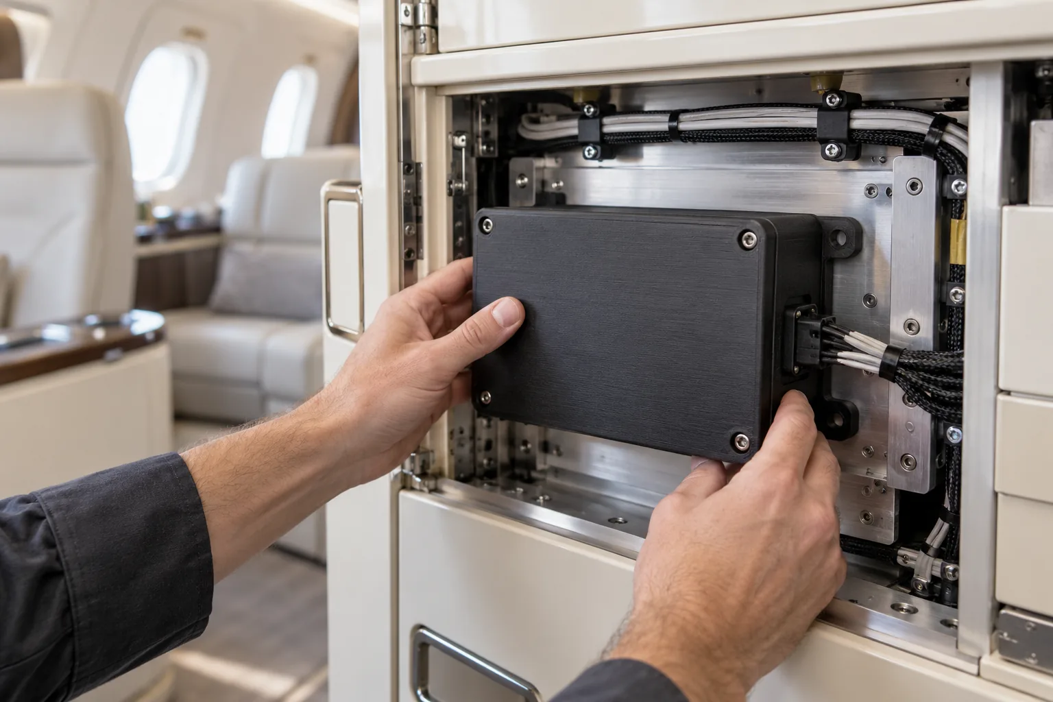 Black ULTEM 9085 enclosure fitted behind an aircraft cabin panel