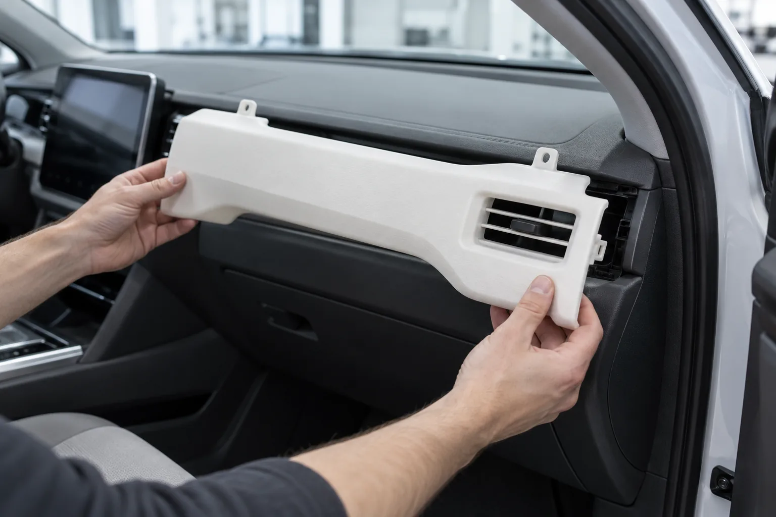 SLS nylon dashboard panel prototype held up for a fit check