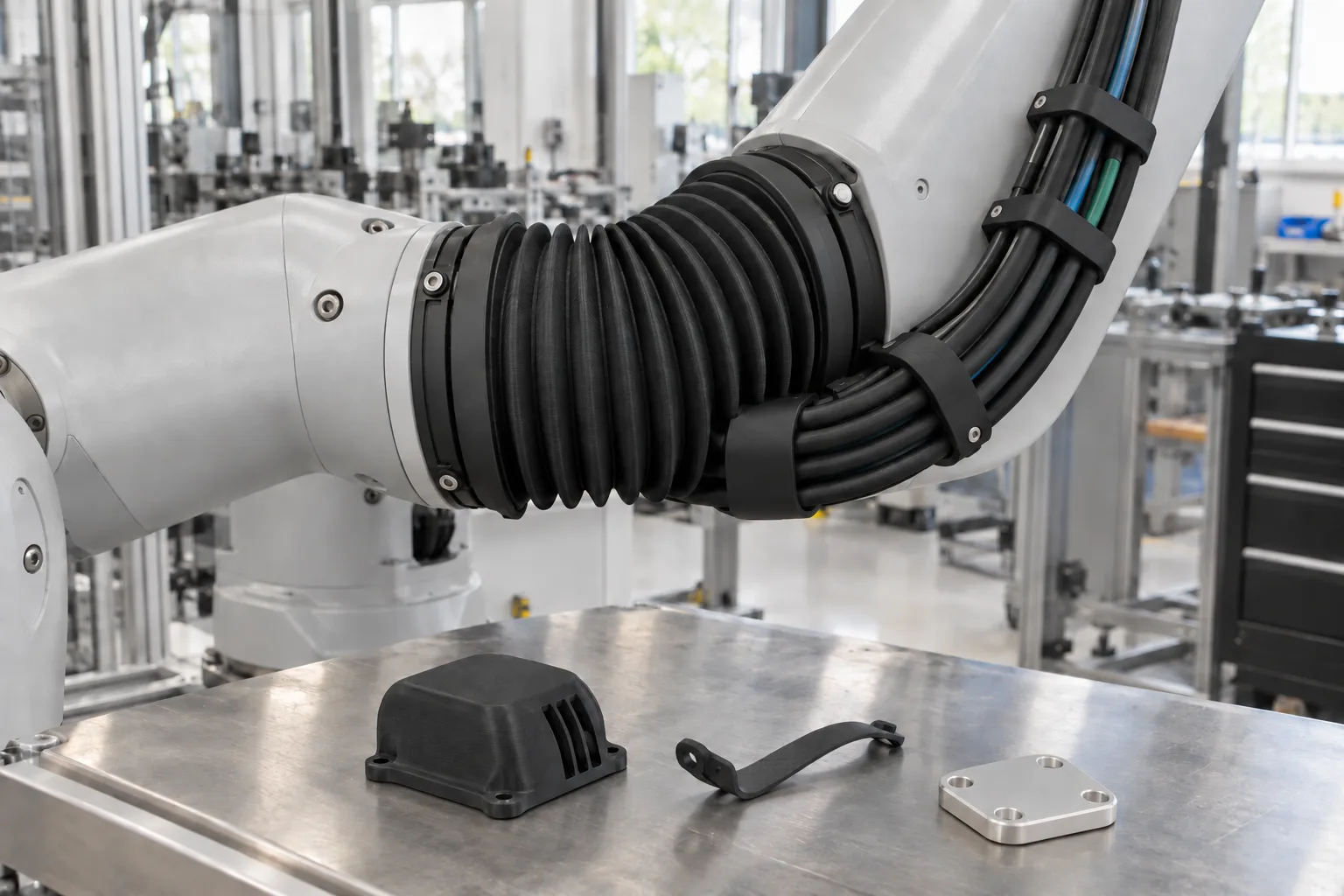 Black printed cable guides and covers on a welding robot arm