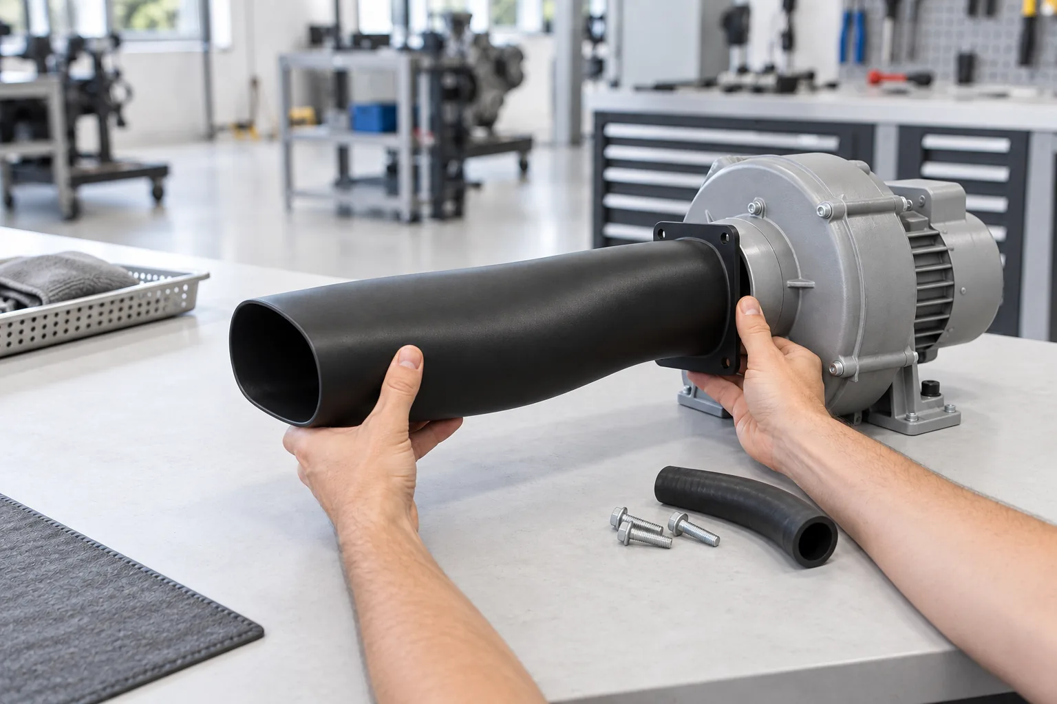 A smooth satin black SLA resin air duct with a bolt flange being fitted to a generic HVAC blower housing on a clean workbench