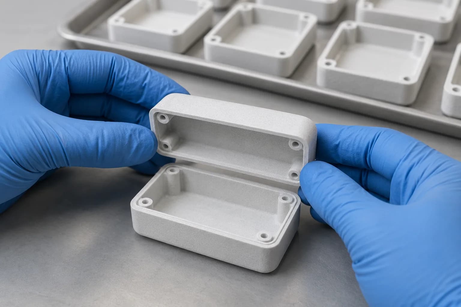 Technician checking the fit of white printed housing halves beside a small batch of paired shells