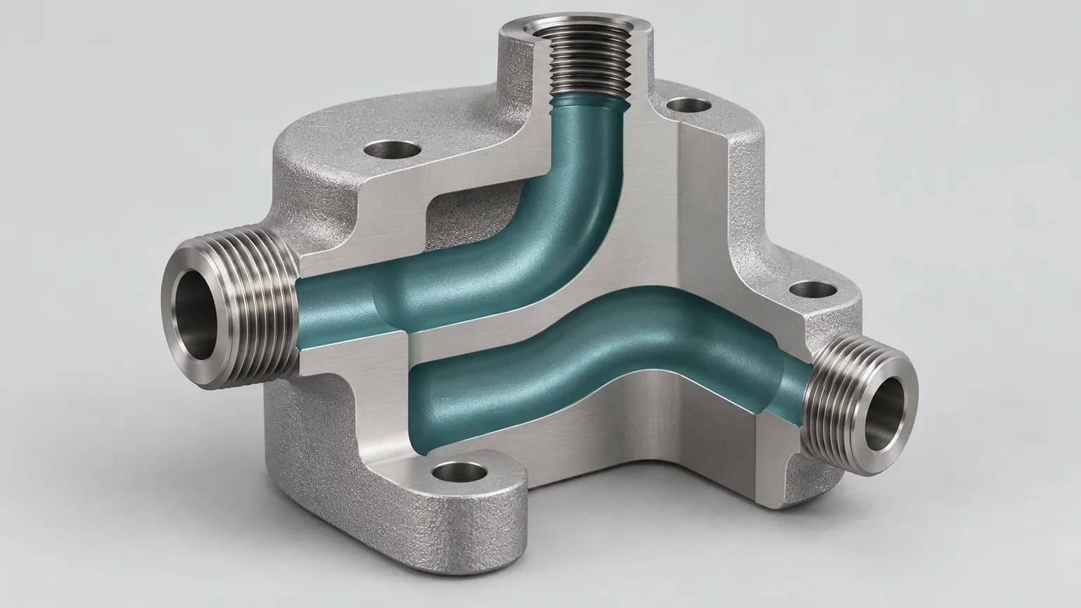 Cutaway of a stainless steel manifold showing separate internal air passages connecting external ports