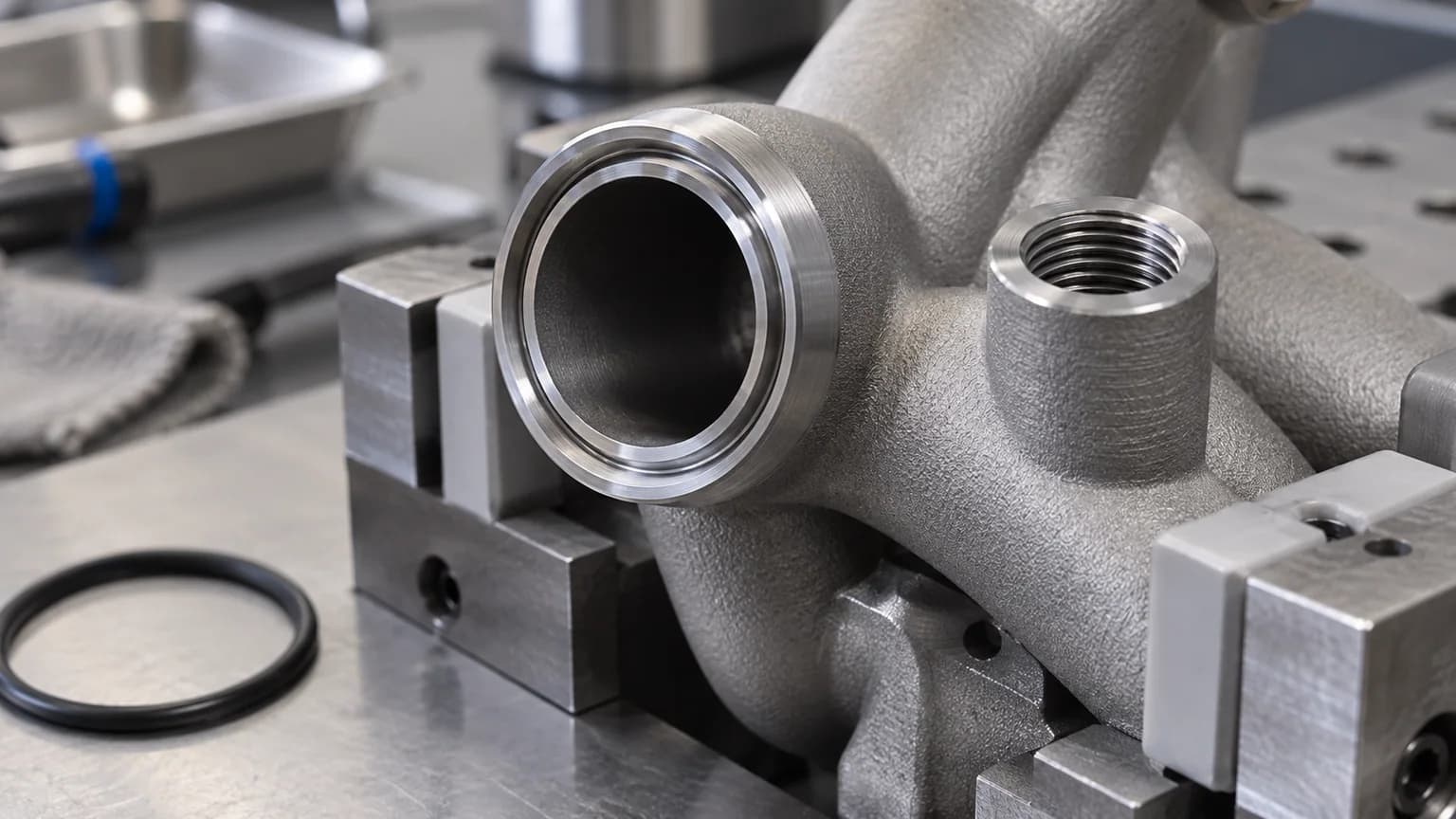 Machined O-ring groove and threaded port on a printed stainless steel body held in protected jaws