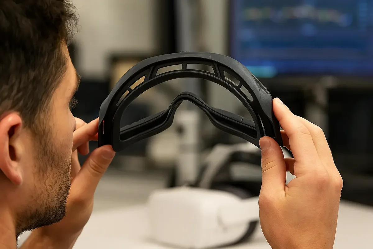 3D printed PA12 custom-fit visor frame for VR headset, manufactured using HP Multi Jet Fusion