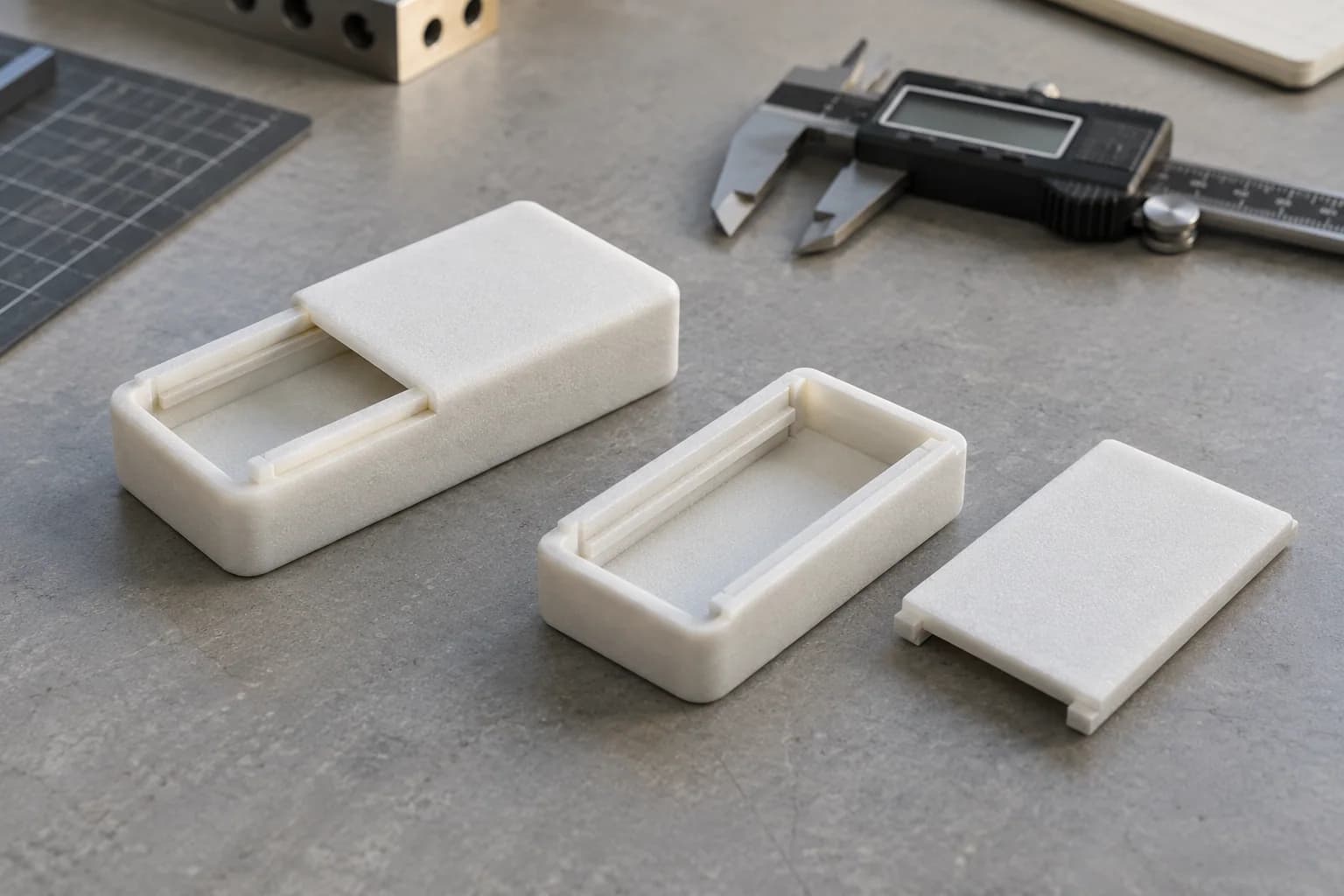 Two mating natural-white nylon sliding-cover components with a caliper on the inspection bench nearby