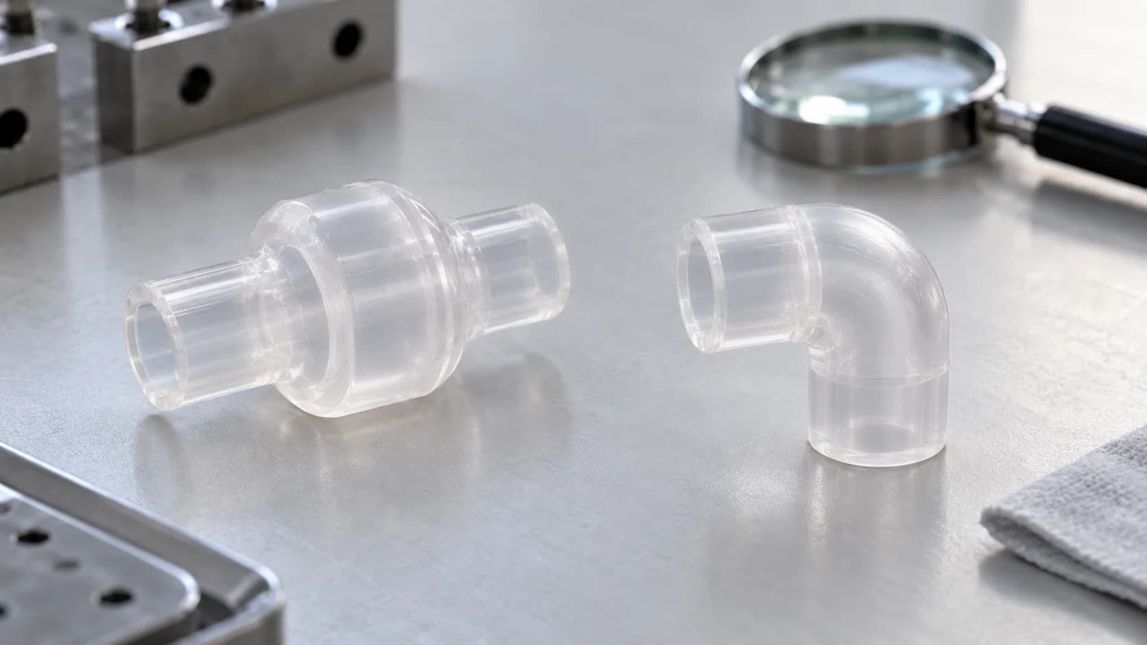 Clear 3D printed straight coupling and elbow on a steel inspection bench