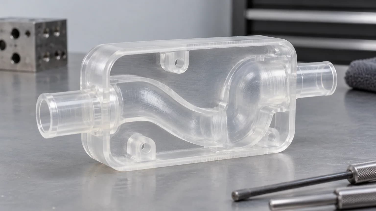 Clear SLA fluid body with accessible openings and a visible curved passage