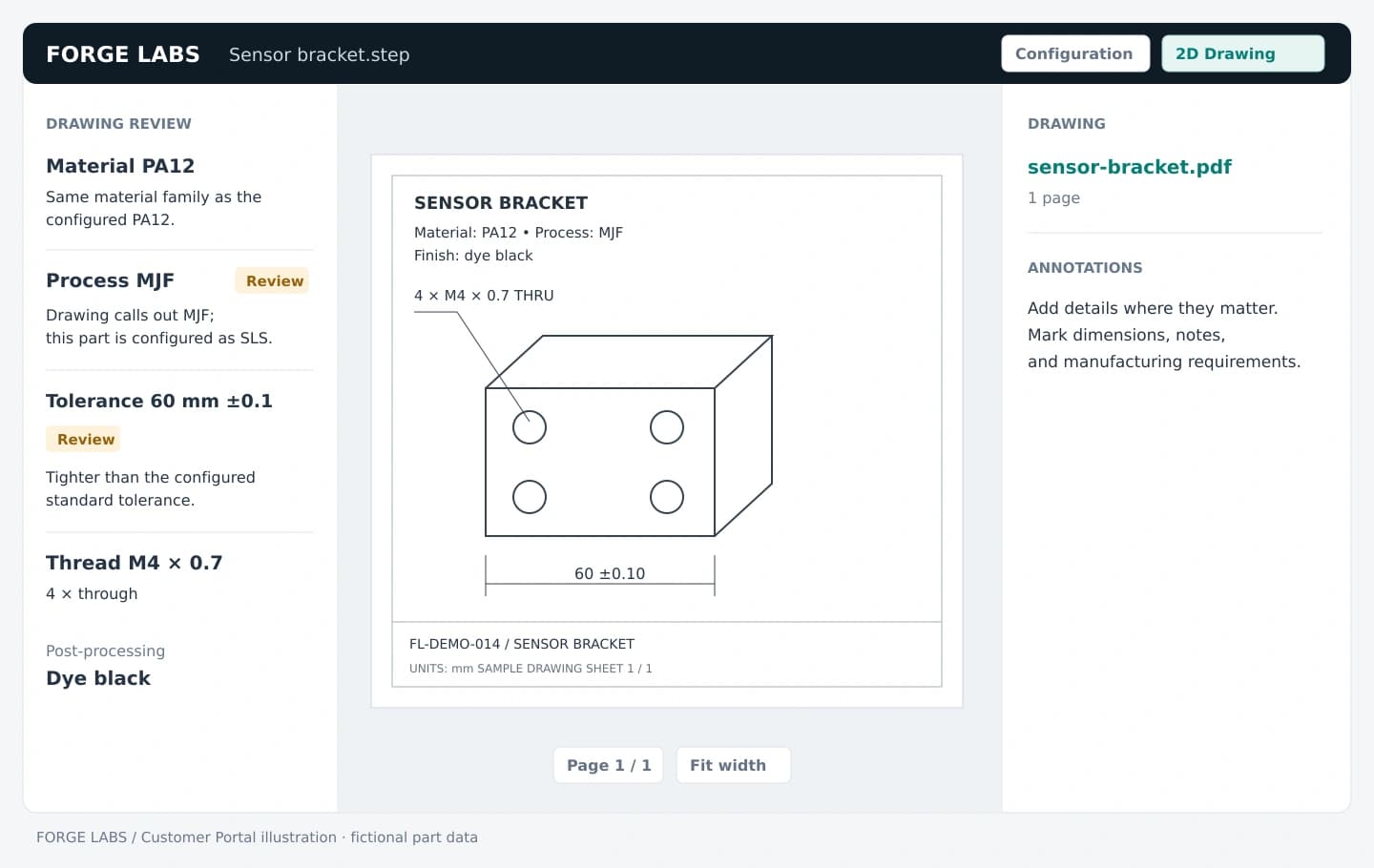 Sample sensor bracket PDF in the customer Portal, with drawing review findings on the left and drawing annotations on the right