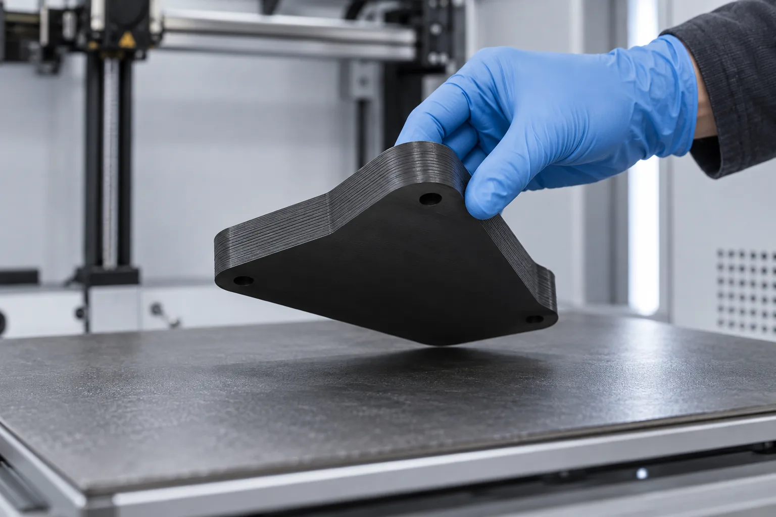 A gloved hand lifting a matte black FDM printed angular plate from the build sheet of an industrial FDM printer, its flat bottom face turned into view