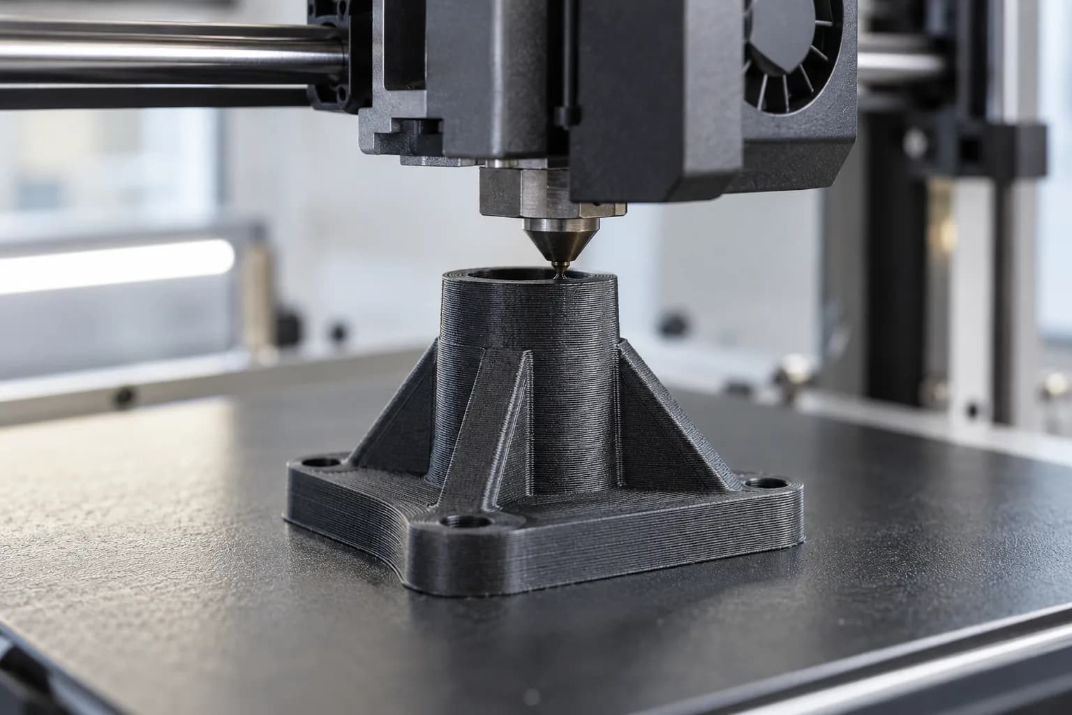 Close view of an FDM print nozzle laying a fine road of matte black carbon-fibre nylon onto a small part with visible layer lines