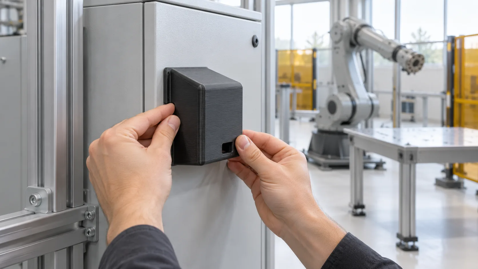 Hands fitting a matte black FDM printed ASA cover with fine layer lines onto a grey equipment housing in a clean robot cell