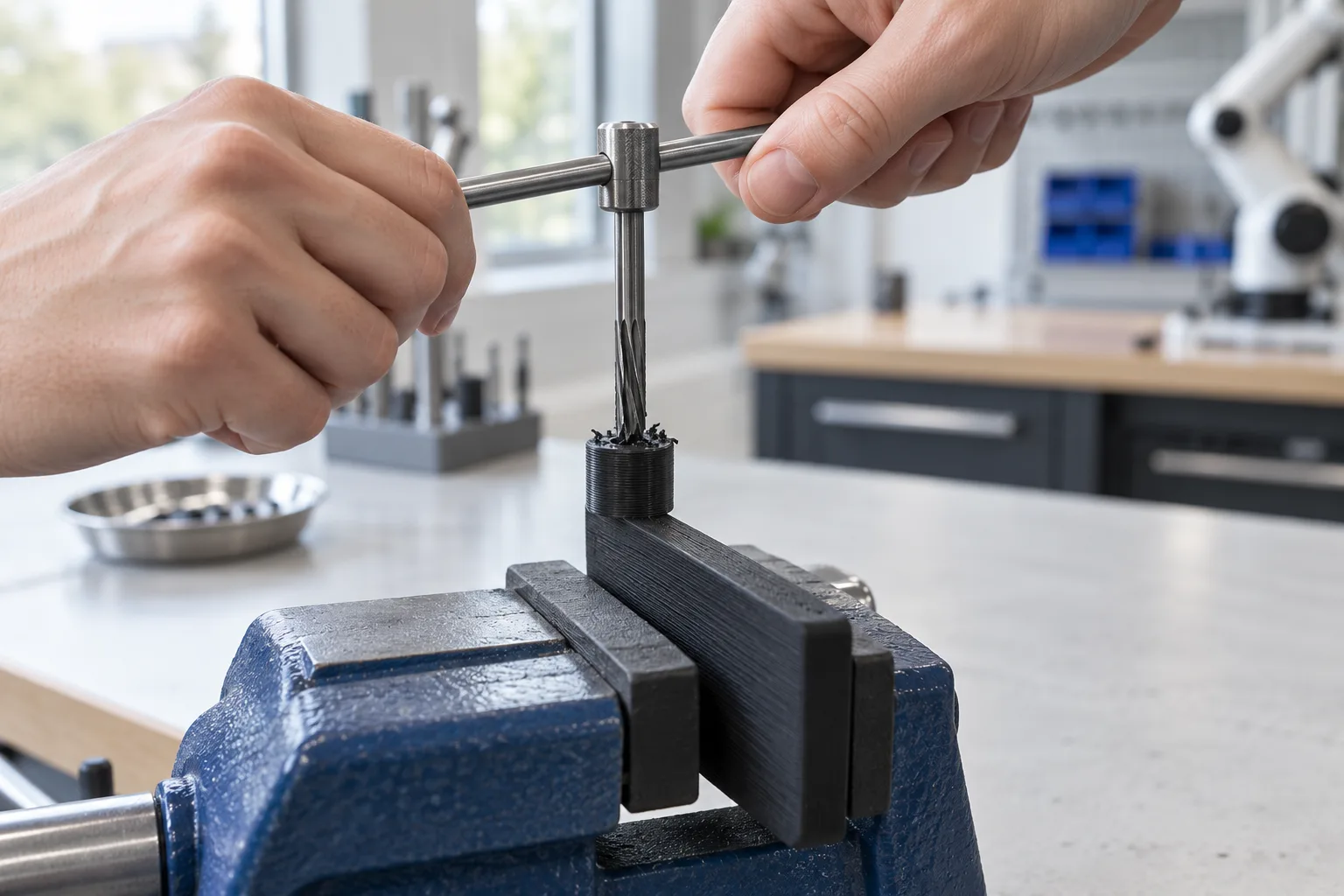 Hands turning a small hand reamer through the hole in the boss of a small matte black carbon-fibre nylon part held in a soft-jawed vise