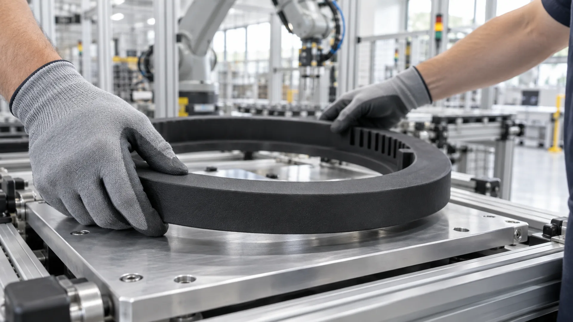 Gloved hands seating a black slotted SLS nylon ring nest on an aluminium fixture plate on an assembly line