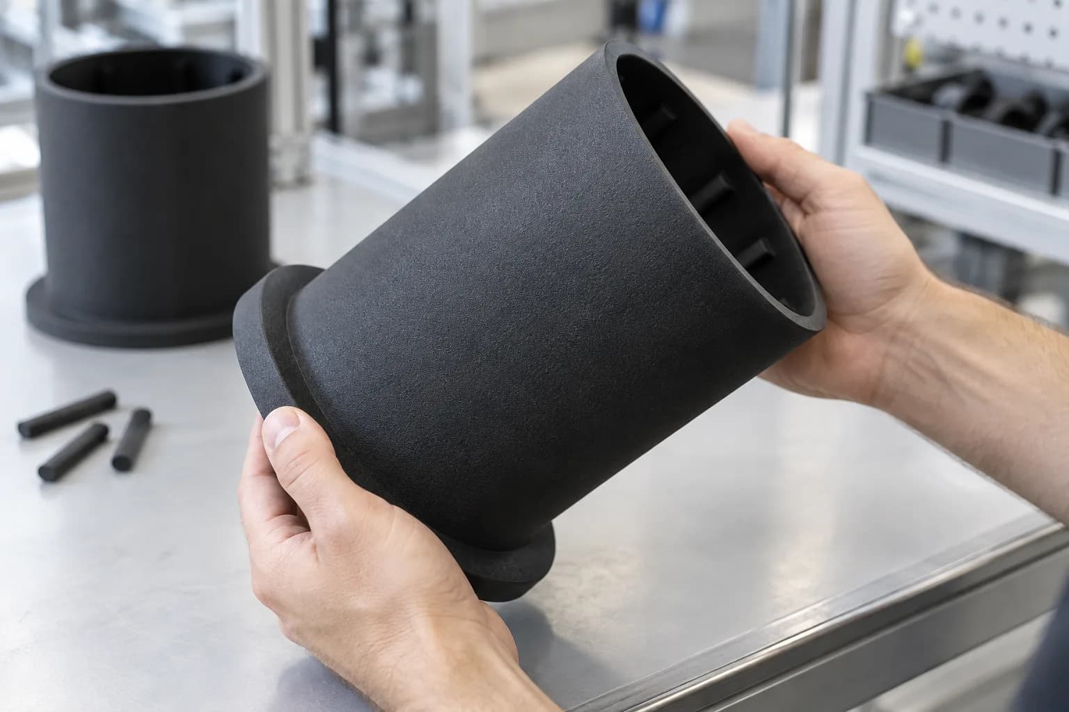 Hands lifting a large matte black SLS nylon cylindrical fixture with internal ribs from a clean workbench