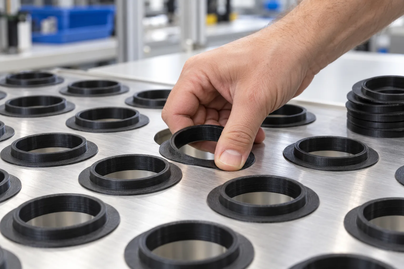 A hand pressing a black flexible TPU ring insert into one of several round openings in a brushed aluminium tray plate