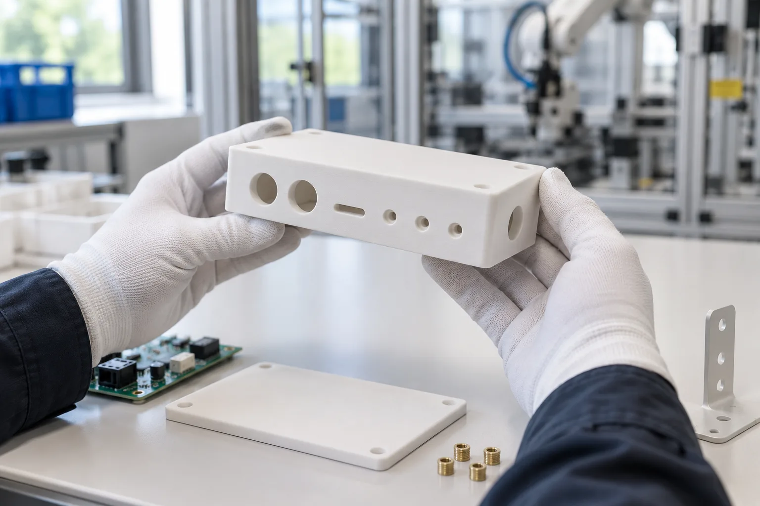Gloved hands turning a white SLS nylon electronics enclosure to show round cable holes, a slot and counterbored holes on a bright workbench