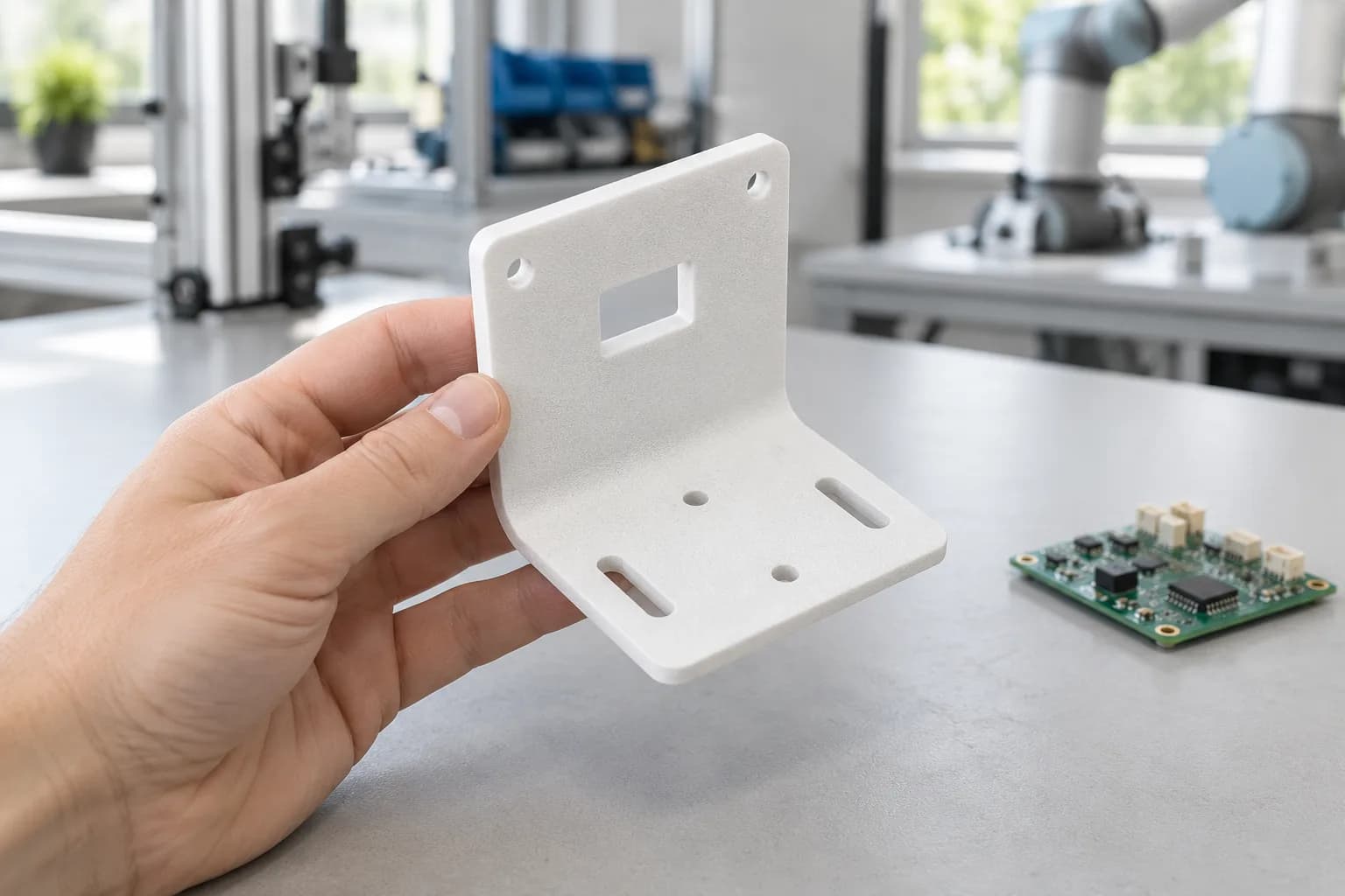 A white SLS nylon bracket shaped like folded sheet metal, with slotted holes and a rectangular cut-out, held over a clean workbench