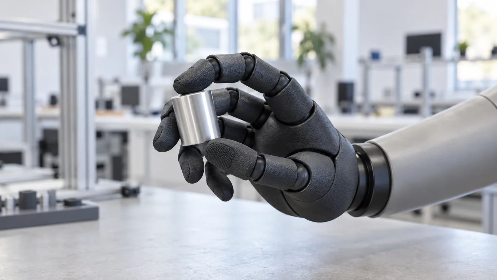 A humanoid robot hand with matte black SLS nylon finger segments and soft black grip pads holding a small aluminium cylinder in a bright robotics lab