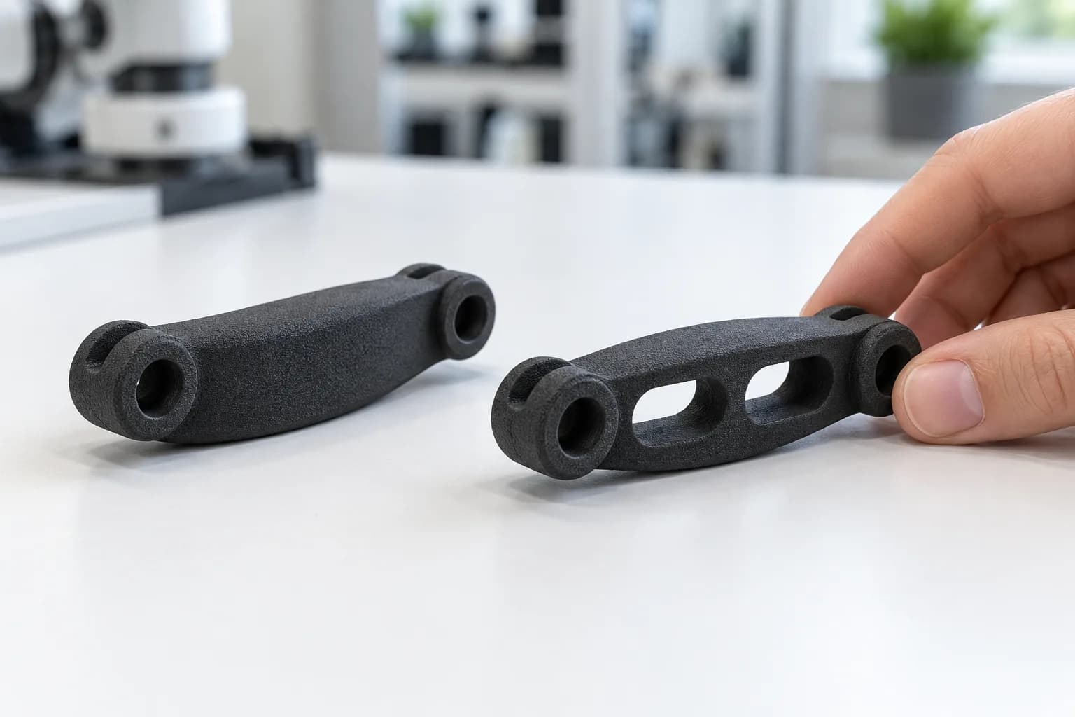 Two matte black SLS nylon robot finger segments side by side on a white bench, one solid and one with open windows through its side walls