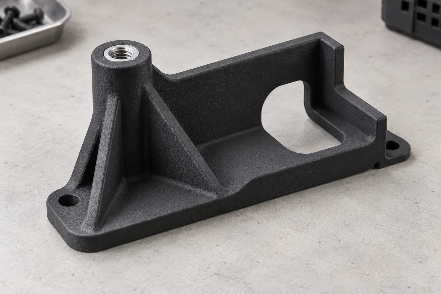 A ribbed SLS nylon bracket combining a reinforced fastening boss, locating lip and cable opening