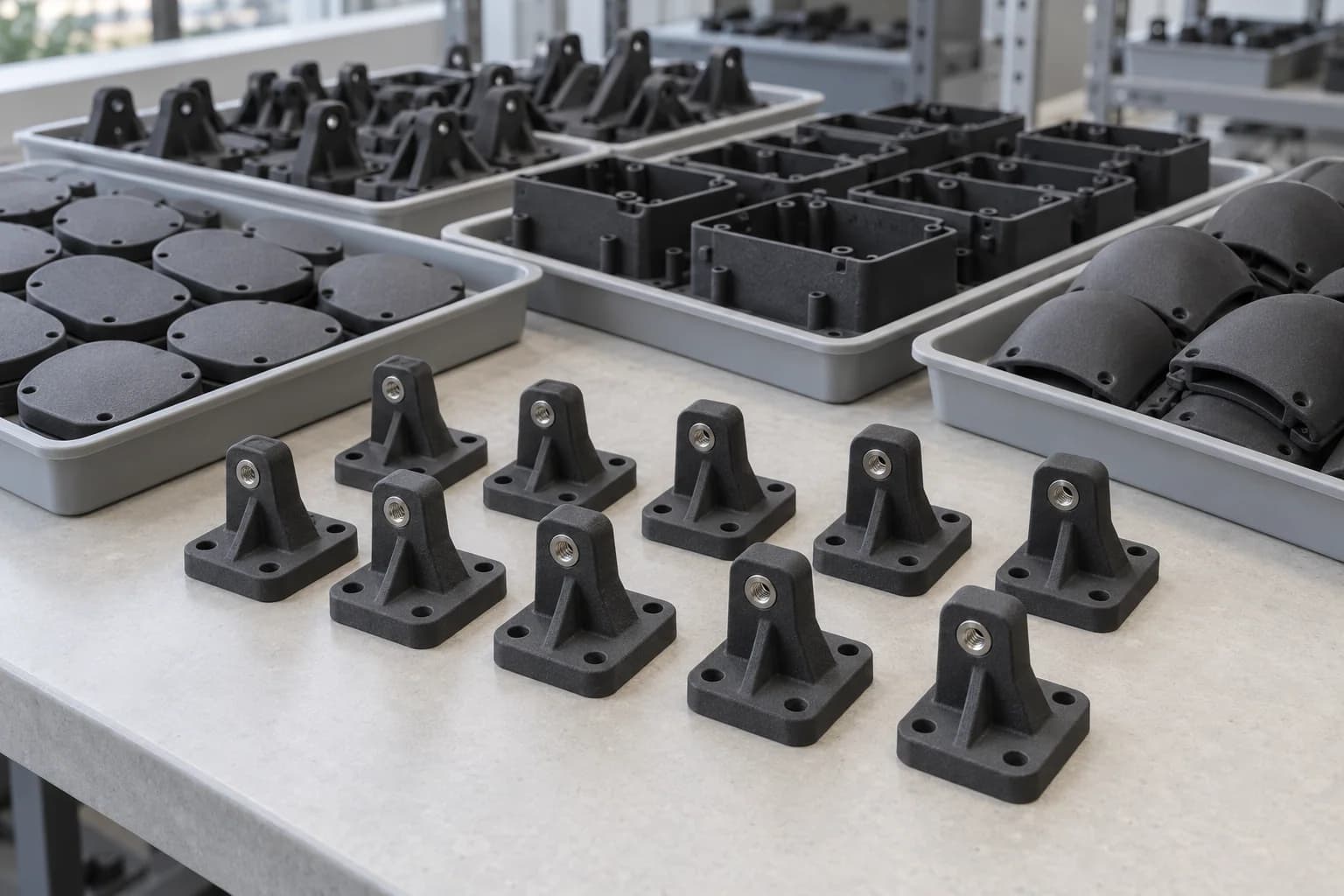 Organised trays of finished black SLS nylon brackets and covers, with stainless inserts in the foreground parts