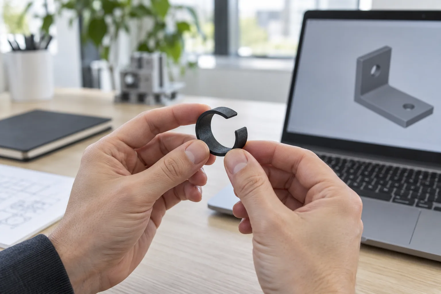 An engineer's hands holding a small black SLS nylon clip beside a laptop showing a plain 3D model view