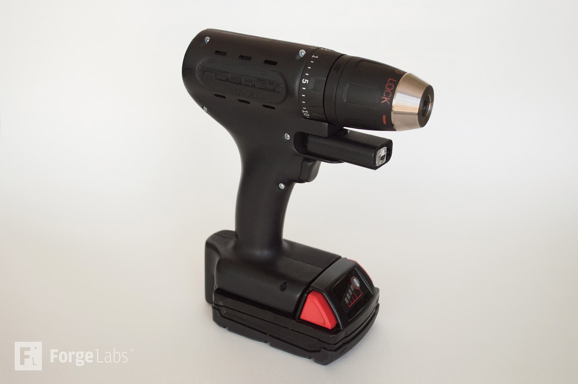 3D printed robotic drill enclosure showing thin-wall construction and ergonomic design
