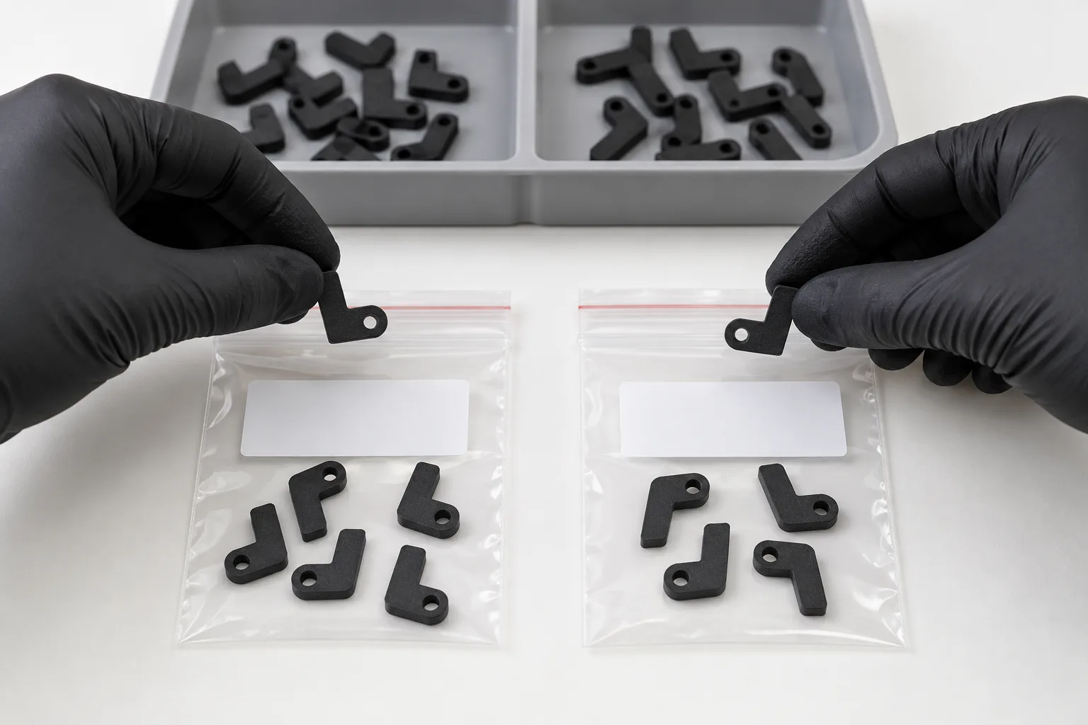 Gloved hands sorting small matte black SLS nylon parts into two clear bags of mirror-image left- and right-hand pieces on a packing bench