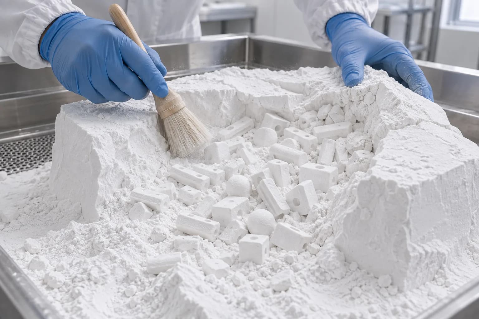 Gloved hands brushing white powder from hundreds of small white SLS nylon parts in a partly broken-open powder cake