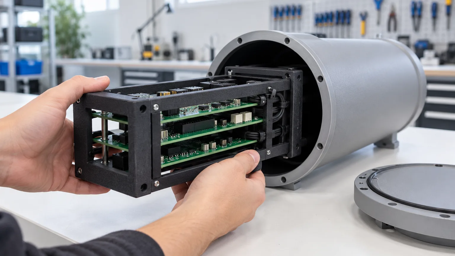 Hands sliding a matte black SLS nylon electronics chassis holding circuit boards into a plain grey cylindrical pressure housing on a clean workshop bench