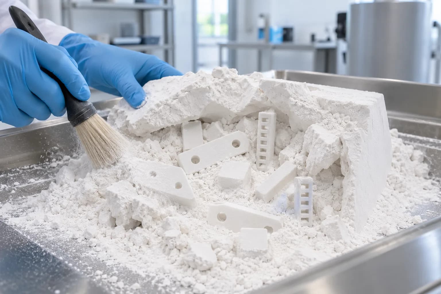 Gloved hands uncovering small white SLS nylon brackets, blocks and posts of several shapes from a powder cake at a depowdering station