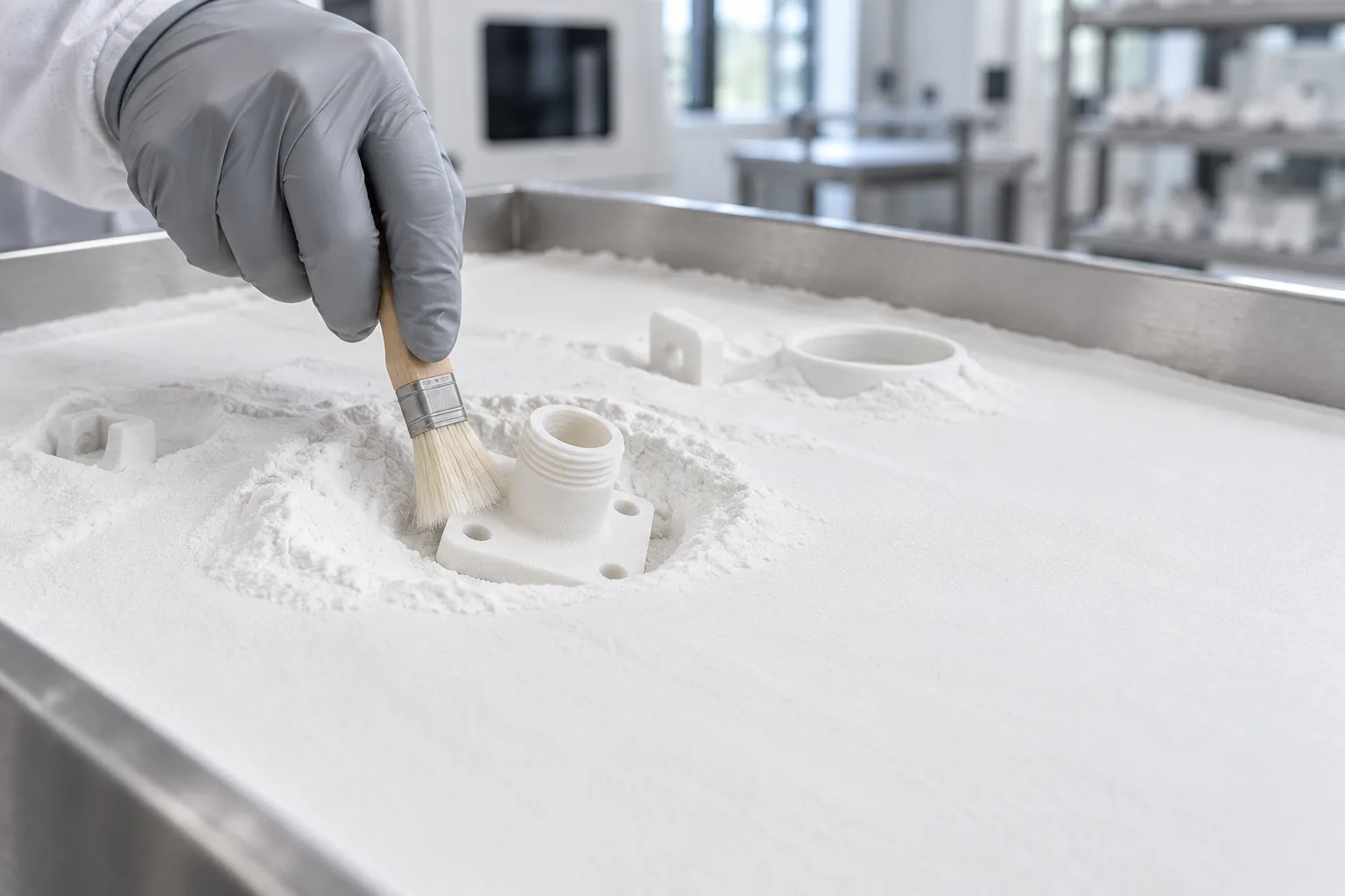 A gloved hand brushing white powder from a natural white SLS nylon flanged fitting among other white parts in an opened powder cake