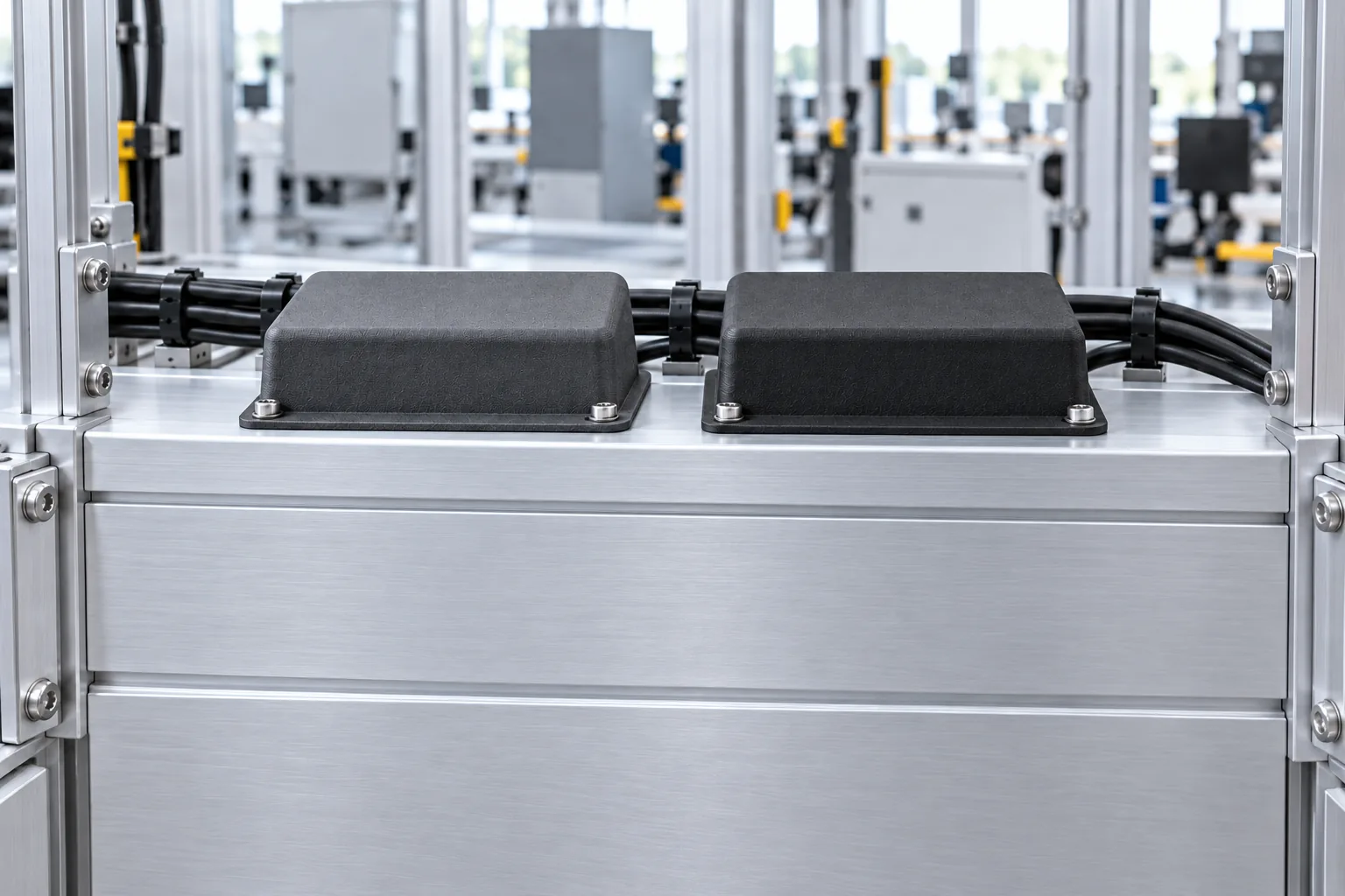 Two matching MJF nylon covers fitted side by side on an equipment frame, one natural charcoal grey and one dyed black