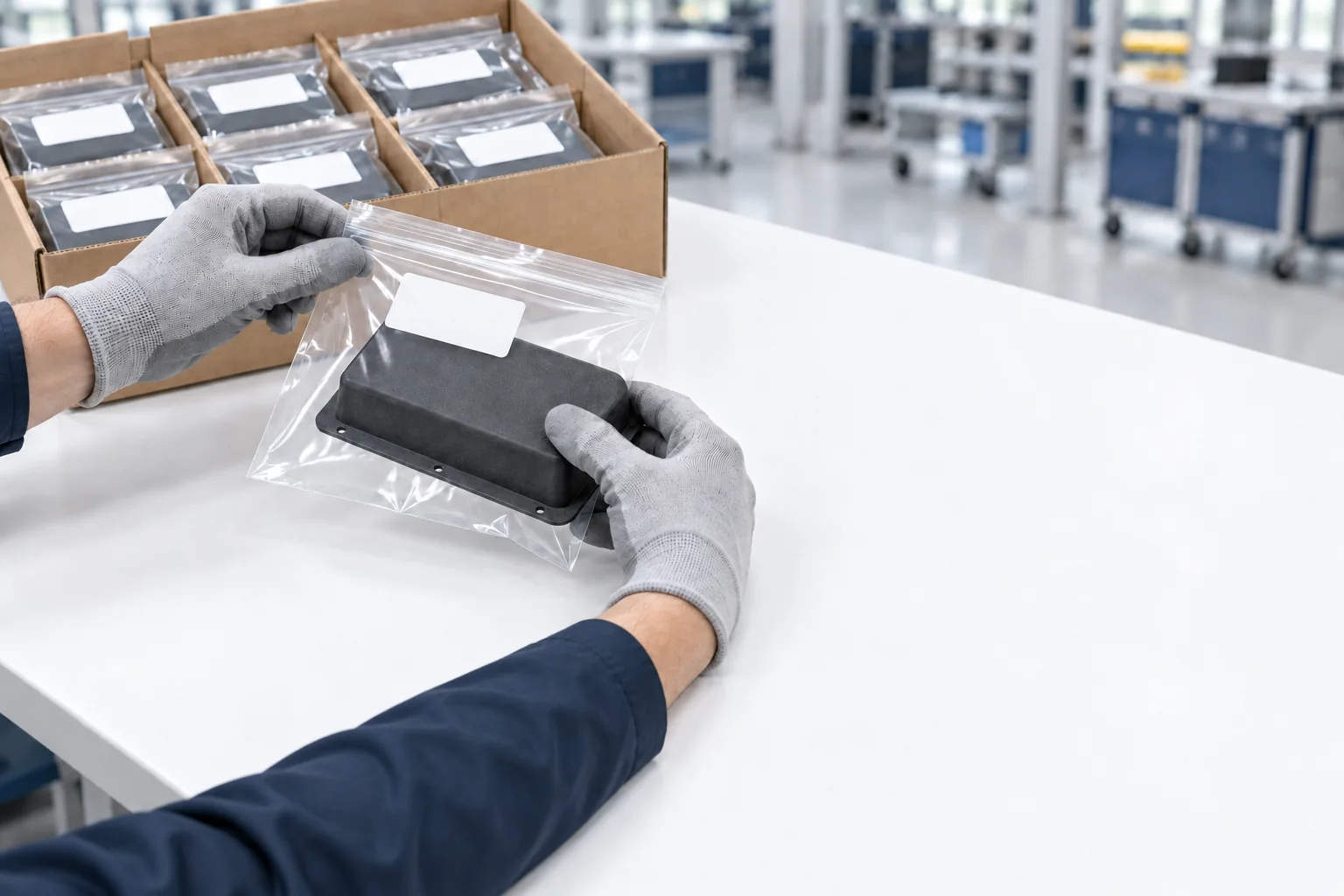 Gloved hands packing matte MJF nylon covers into clear bags with blank white labels inside a divided carton